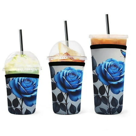 

Set of 3 Packs Reusable Hot And Iced Coffee Cup Sleeve Neoprene Tumbler Sleeve Romantic Rose Butterfly Blue And Grey(16 24 32oz)