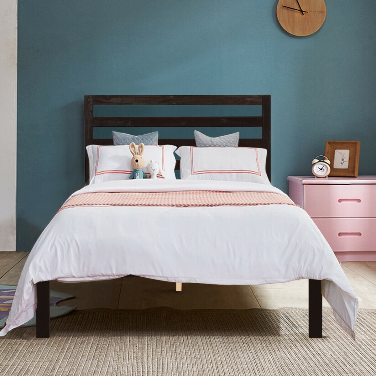 Gymax Solid Wood Platform Bed W/Headboard Design Twin Size ...