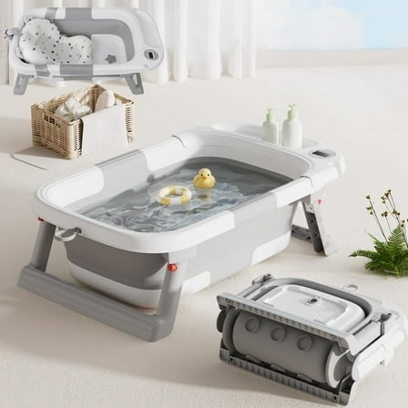 PandaEar Baby Bathtub, Collapsible Baby Infant Bath Tub Toddler Bathtub with Soft Cushion & Thermometer -Gray