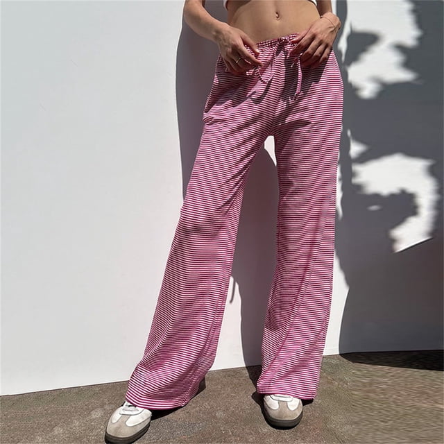 Red Sweatpants Women's Wide Leg Striped Pants Casual Drawstring Elastic Low Rise Pajama Pants Wear Trousers