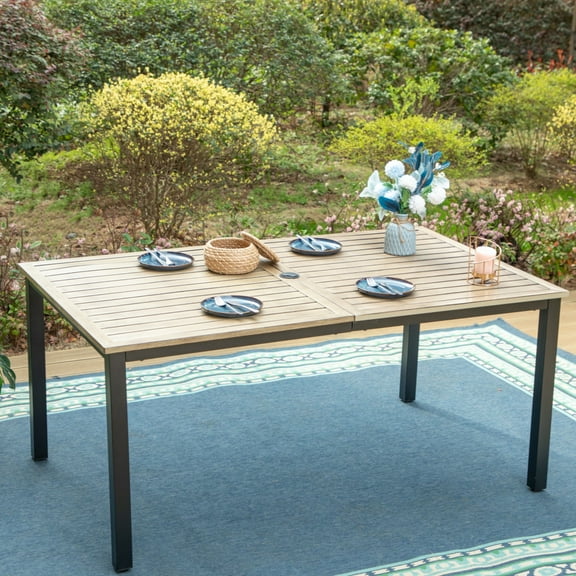 MF Studio Rectangle Outdoor Dining Table, Steel Frame with Wood Grain Top for 6 Person, Umbrella Support, Black & Gray-Brown