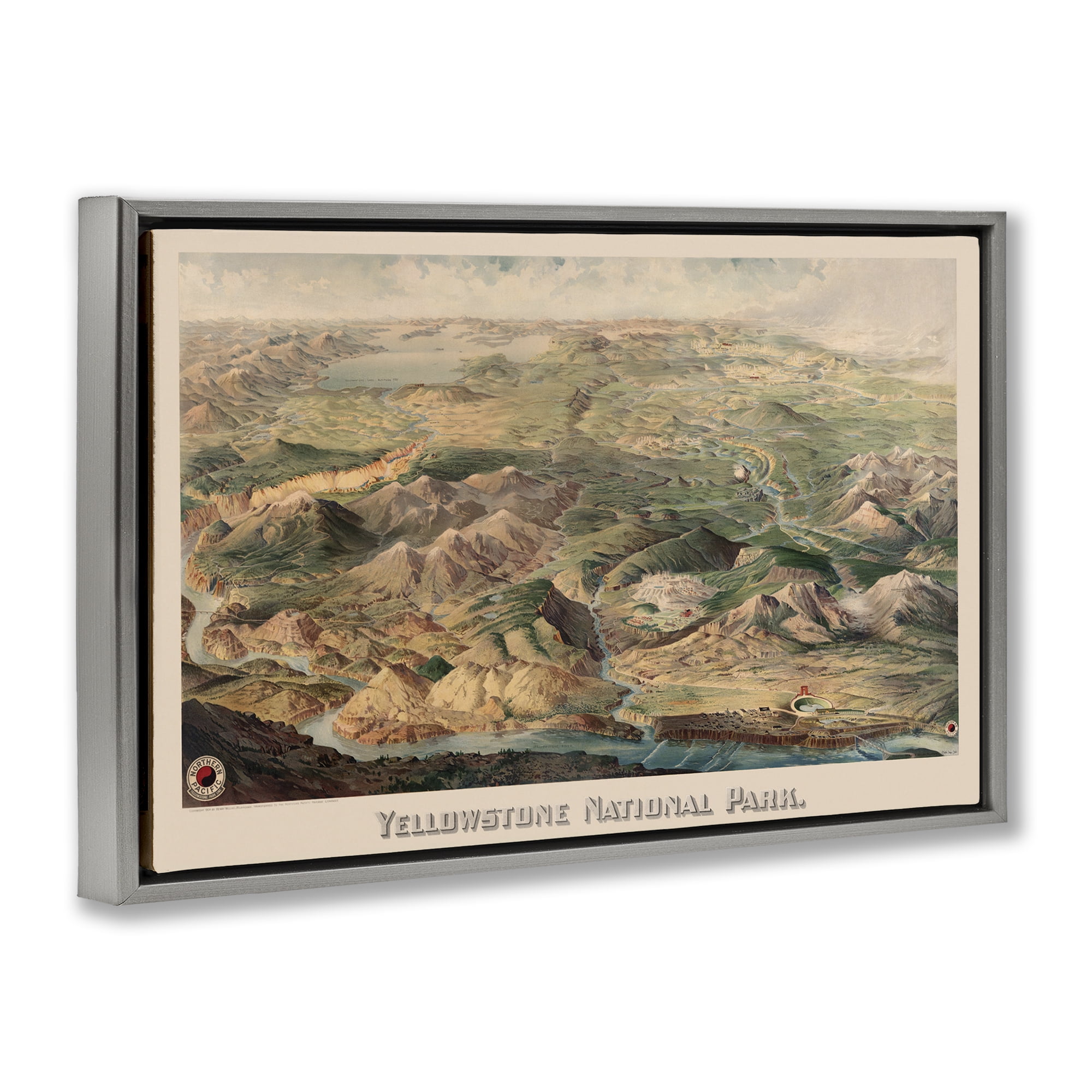 Stupell Industries Vintage Yellowstone Park Landscape Painting Gray Floater Framed Art Print Wall Art, 25 x 17