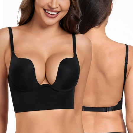 Exerin Women s Plunge Backless Bra Underwire Push Up Padded Multiway Convertible Low Back Bras(36A Black)