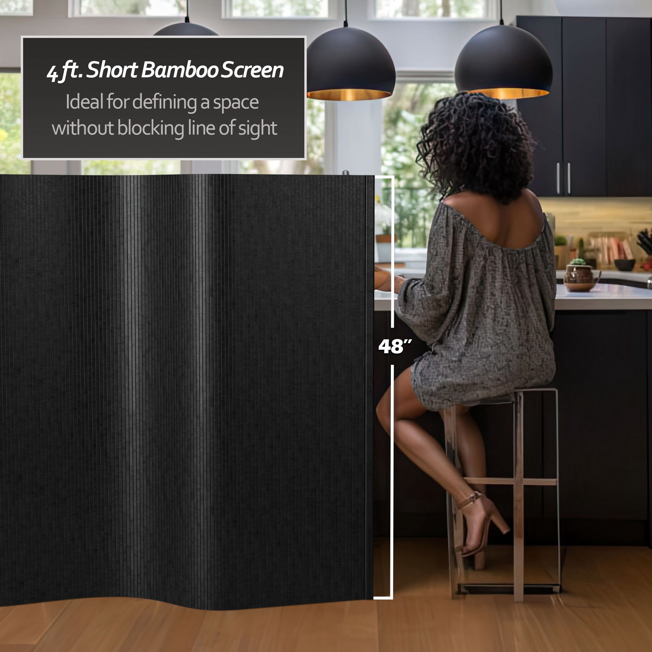 4 ft. Short Bamboo Wave Black Room Divider with Roll-Up Design