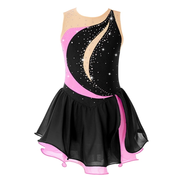Miaeowve Robe de Patinage Artistique pour Filles Sans Manches avec Strass, Vêtements de Danse Ballet Performance Noir 12
