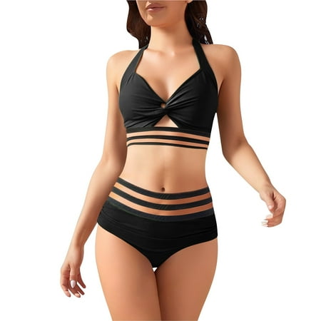 Hassda Clearance High Waisted Bikini Sets For Women Ladies Summer Solid High Rise Cutout Bikini Set Swimsuit Two Piece Swimsuit For Women Black XS-2XL