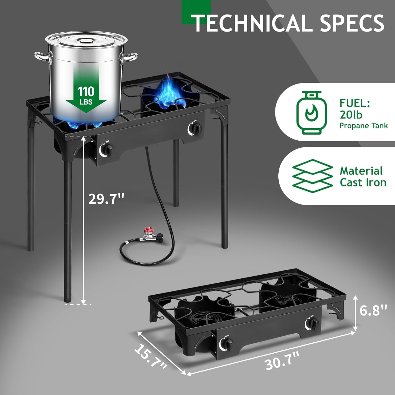 150,000 BTU 2 Burner Outdoor Propane Stove, Detachable Legs Camping Cooktop with Adjustable Flame Control for Backyard, BBQ, and Tailgating