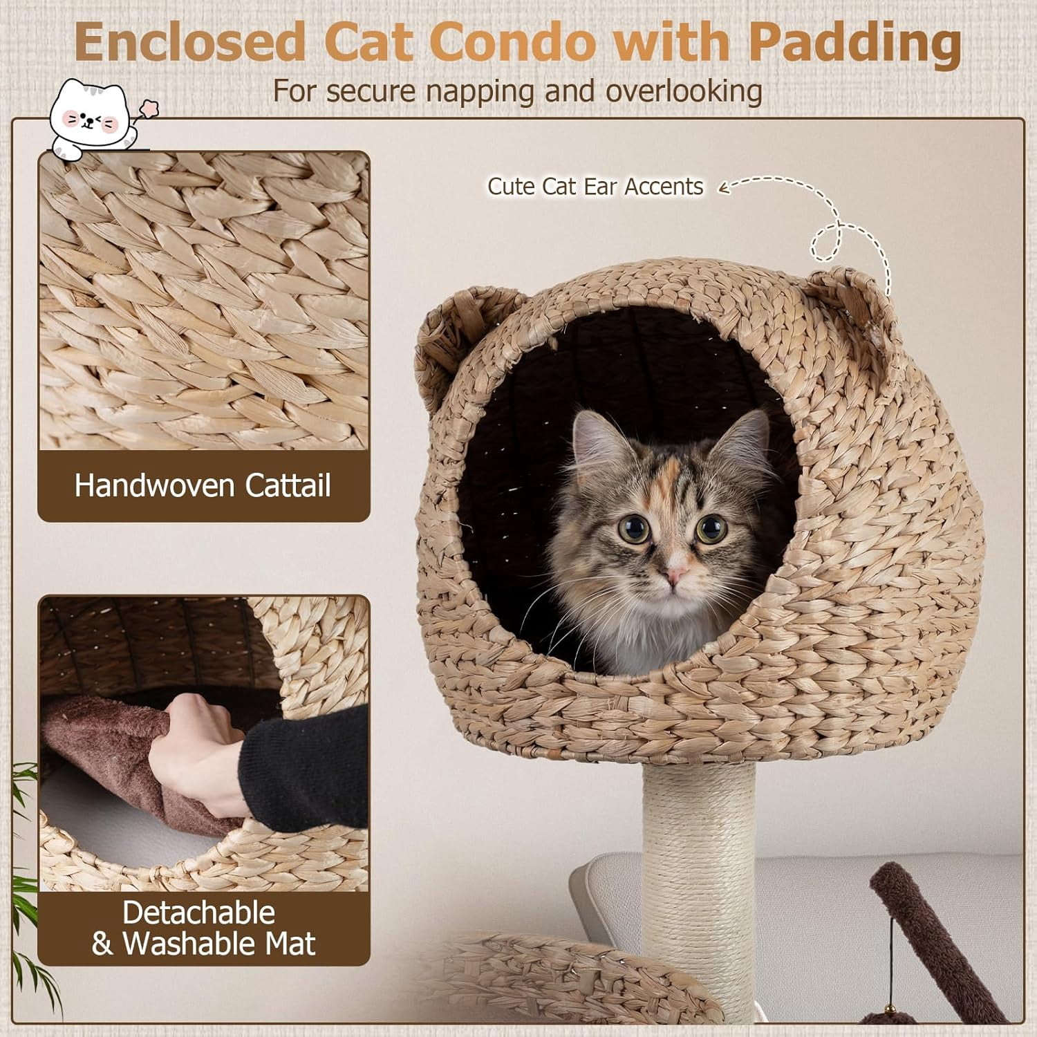 LEHOME Modern Cat Tree Tower, Multi-Level Tall Activity Center with Natural Sisal Scratching Posts, Hammock, Hand-Made Cattail Cute Condo with Funny Toy Balls (Brown)