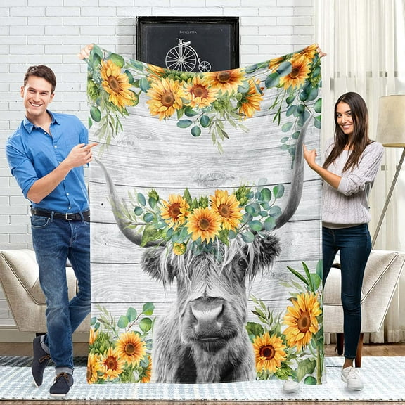 Highland Cow Blanket Sunflower Cow Flannel Throw Blanket Soft Cozy Fleece Plush Warm Flannel Bedding Blanket for Girls Kids Adults Couch Sofa Travel 60"x80"