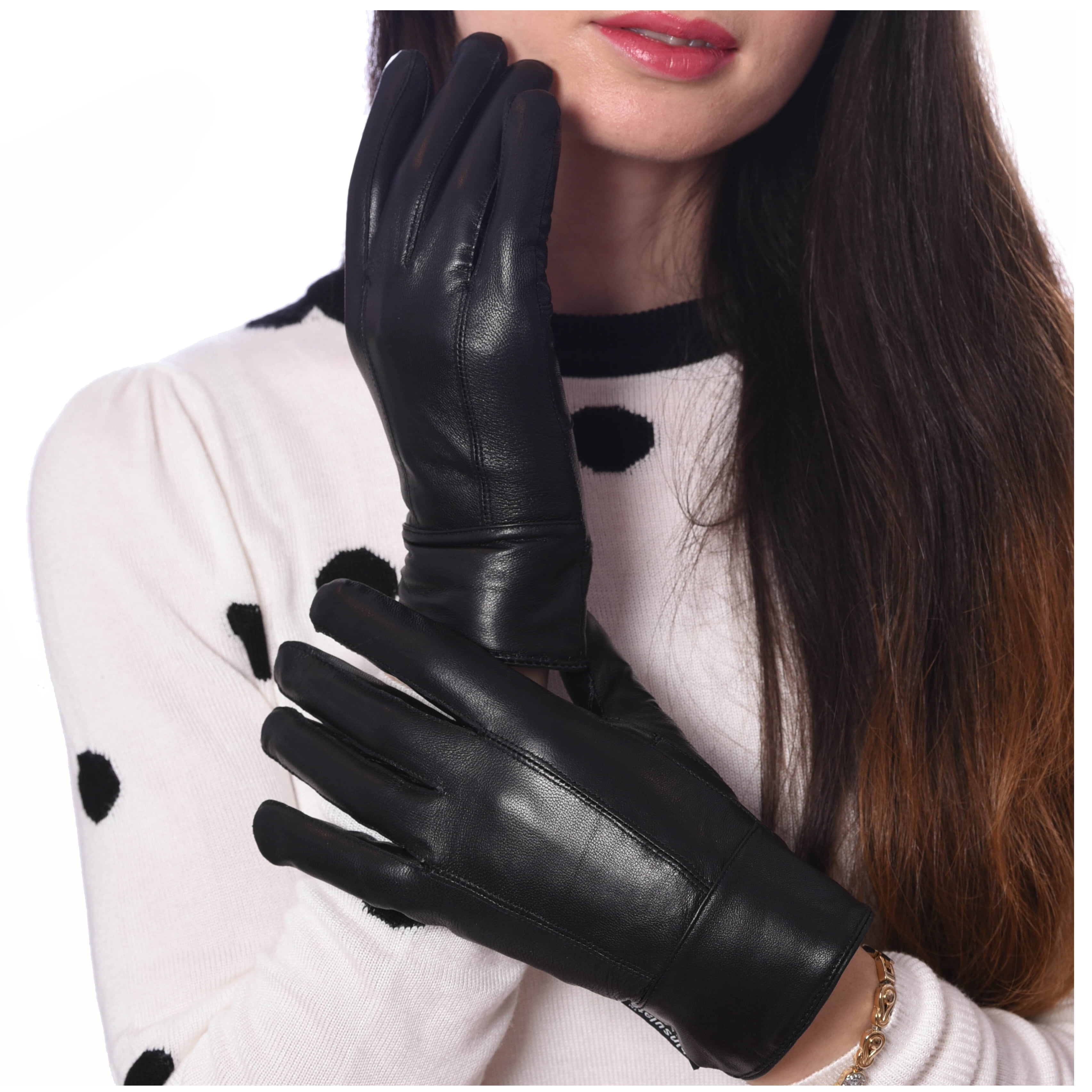 Womens Whole Palm Touch Screen New Black Soft Leather Thermal Lined Driving Gloves 