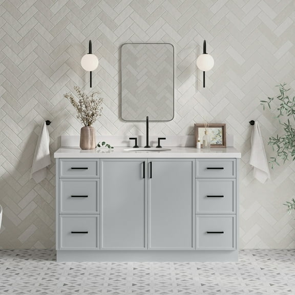 Ariel Kelly 61 Inch Single Oval Sink Bathroom Vanity With Pure White Quartz Countertop 1.5 Inch Edge In Grey