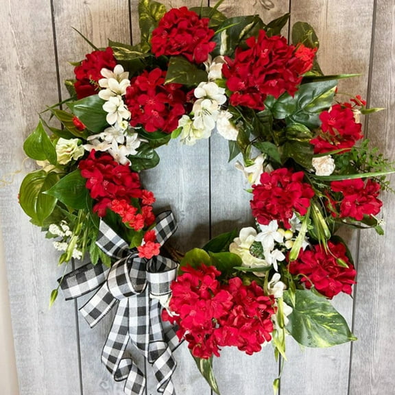 16" Red Geranium Wreath Spring Summer Floral Wreaths,Artificial Flower Wreath with Burlap Black and White Plaid Bow for Front Door Home Halloween Christmas Decoration