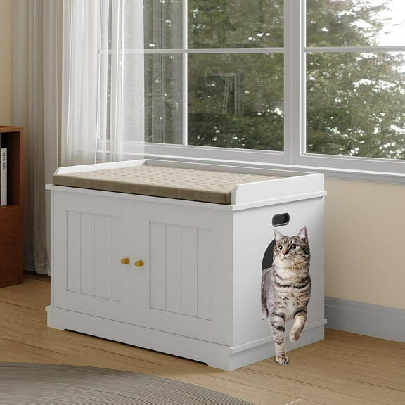 Pet Cat Litter Box Enclosure, Wooden Hidden Litter Box Cabinet, Indoor Cat Washroom Furniture with Barn Door, Pet House, Dog Proof Hideaway Kitty Covered Litter Box Enclosure, Modern End Table