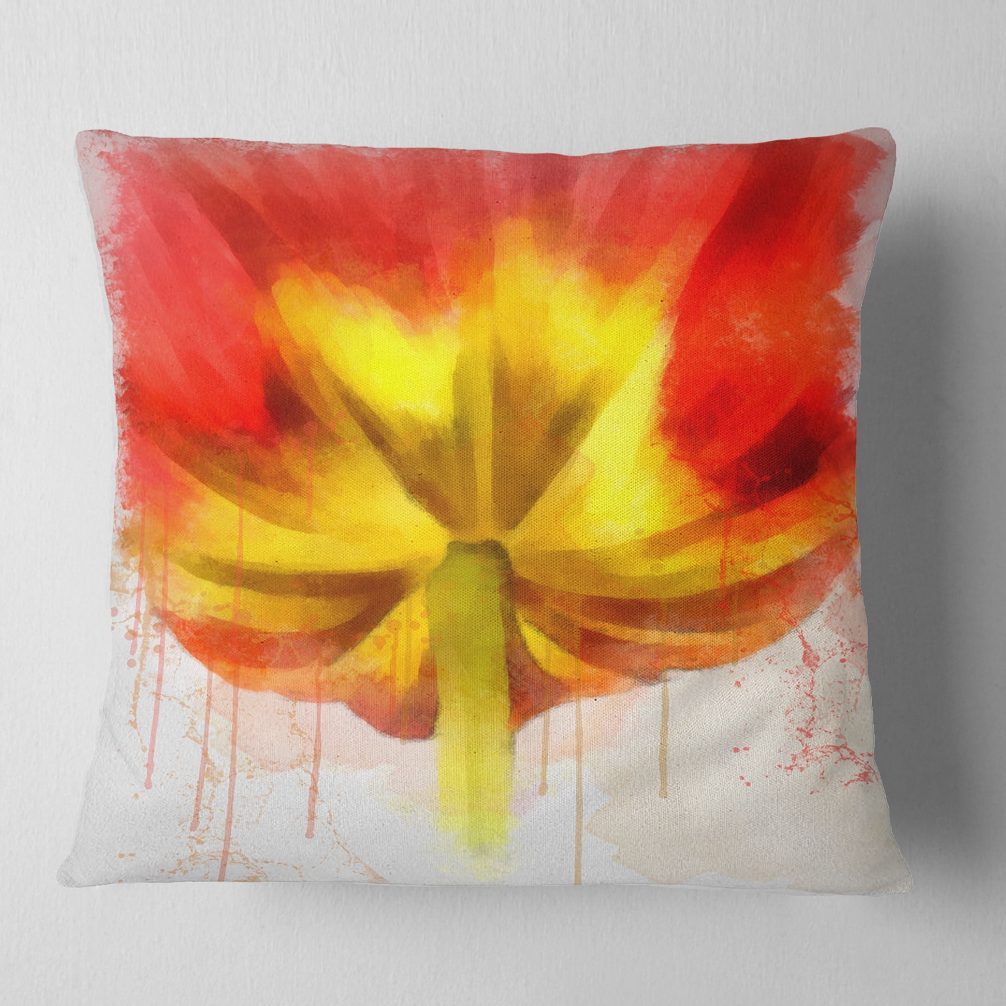 Designart Large Red Yellow Flower Watercolor - Floral Throw Pillow - 18x18