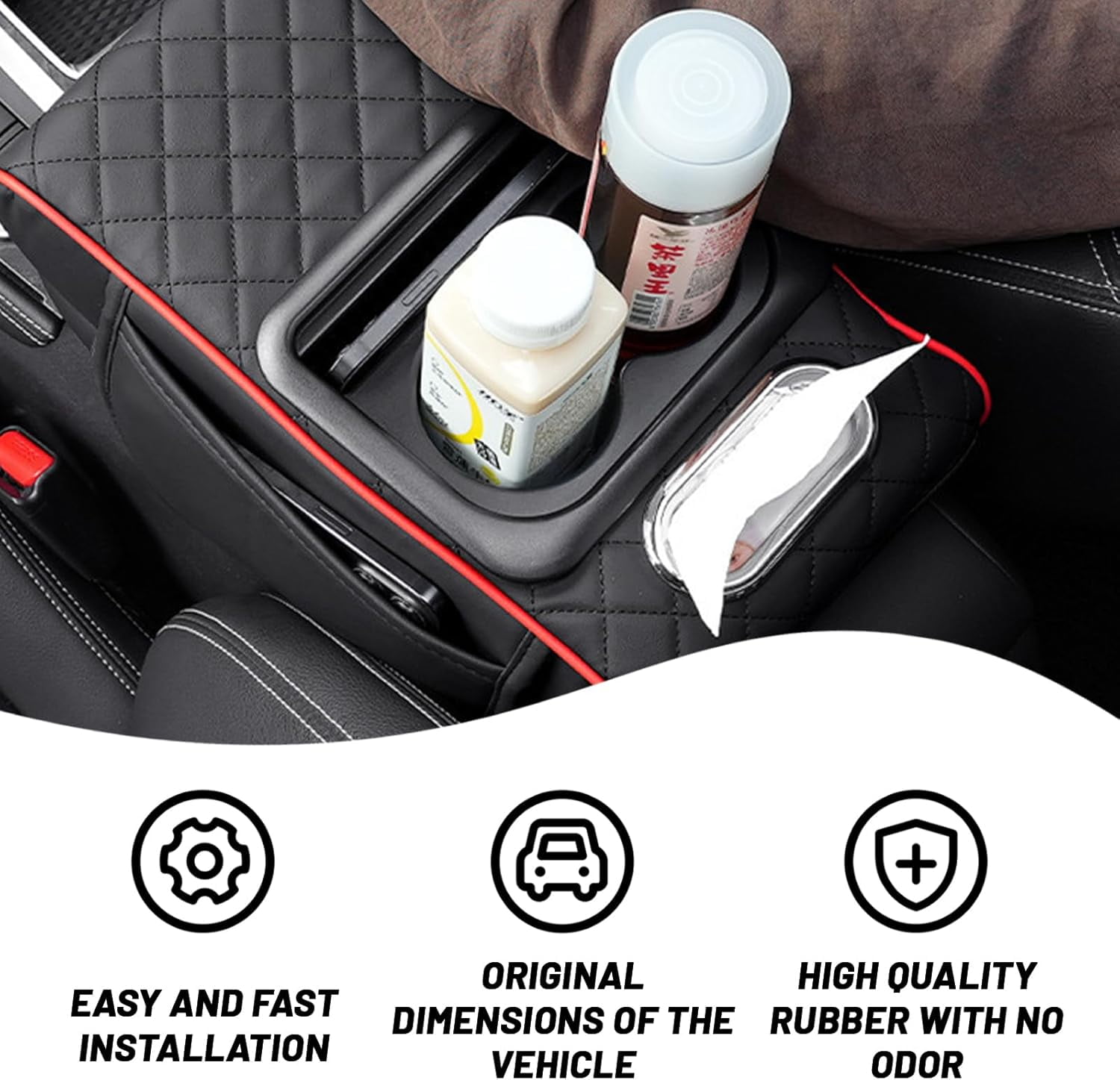 Car interior accessories armrest box with 2 Side Pockets, Cup Holder, Phone Holder, and Tissue Box, Memory Foam Center Console Organizer for Most Sedans and SUVs