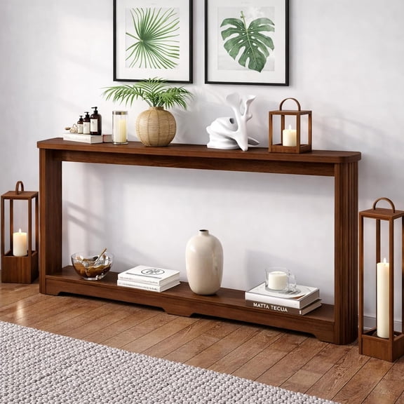 70" Extra Long Narrow Console Table, Fluted-Side Sofa Table with Open Shelf, Entryway/Hallway/Living Room Console – Walnut