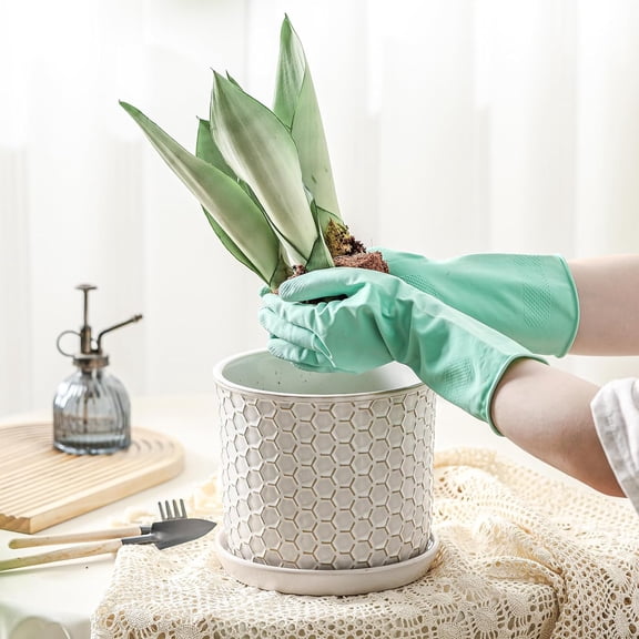 8 Inch Ceramic Planter with Embossing and Drainage Hole - Cream White