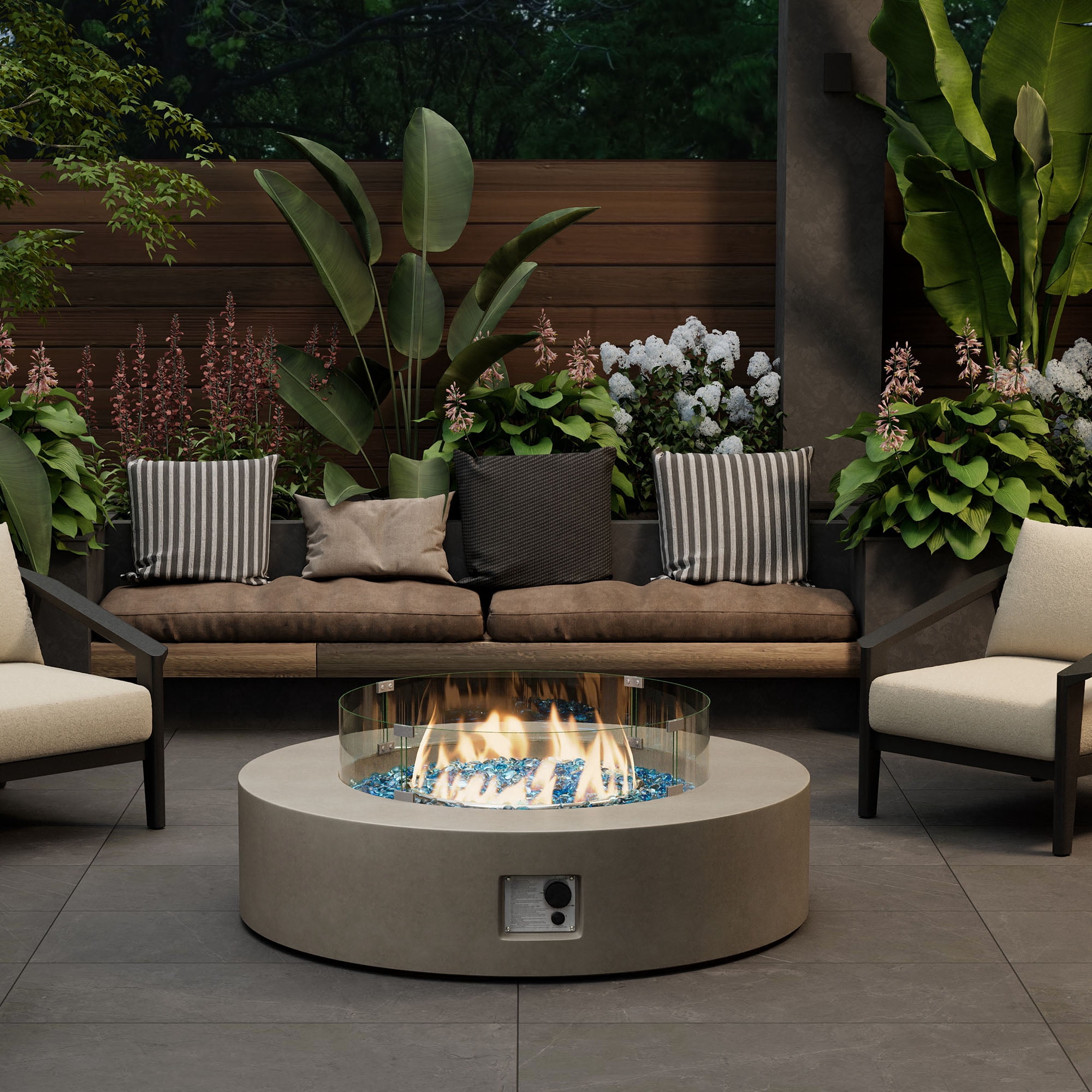VENTOPYR Outdoor Propane Fire Pit Coffee Table, 40.5-inch Round, 50,000 BTU, Gray Finish with Wind Guard, Fire Glass, Rain Cover