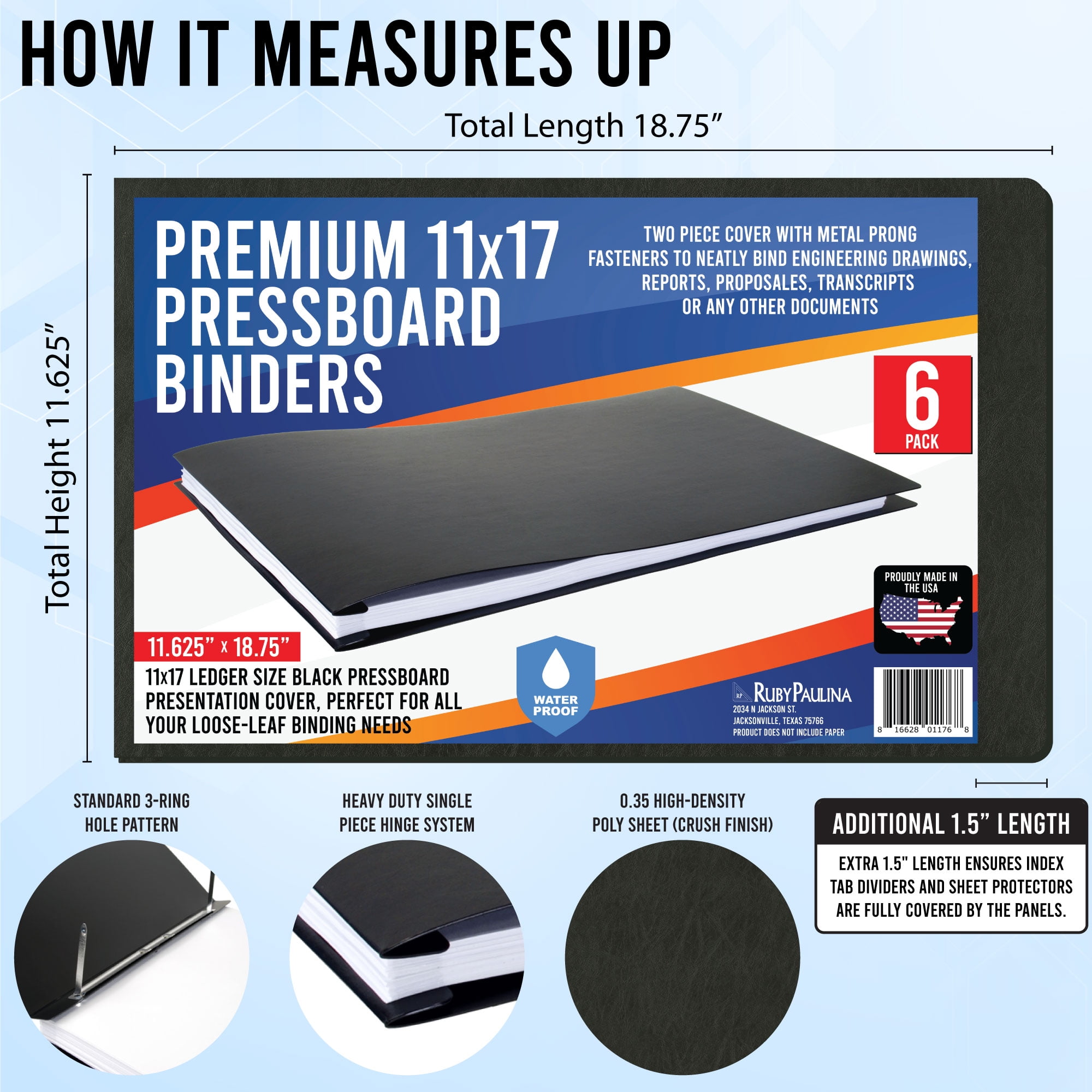Premium 11x17 Pressboard Binder with High-Density Polyethylene - 3" Capacity, Crush Finish Exterior, Made in USA, Black - Pack of 6