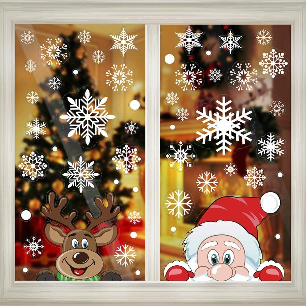 Reusable Large Santa Claus Reindeer Door Cover Christmas Window Stickers Removable Murals Christmas Snowflakes Window Stickers Clings Christmas Home Store Shop Window Door Decorations Window Display 