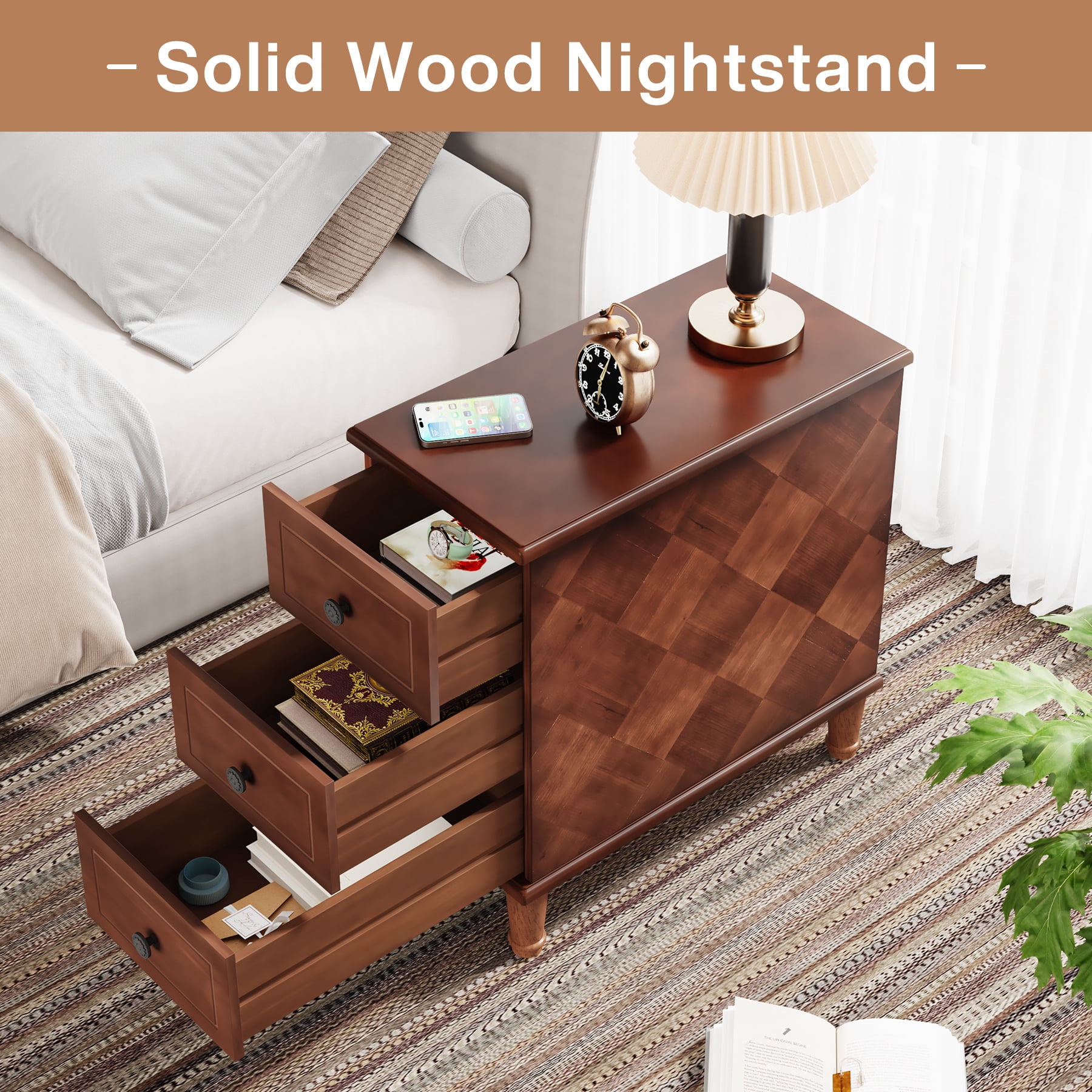 Tribesigns Wood End Table, Fully Assembled Narrow Side Table with 3 Drawers, Pre-Assembled Nightstand Slim Bedside Table for Small Spaces, Living Room, Bedroom