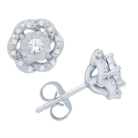 1/5 Carat T.W. Round Diamond Sterling Silver Flower Stud Earrings