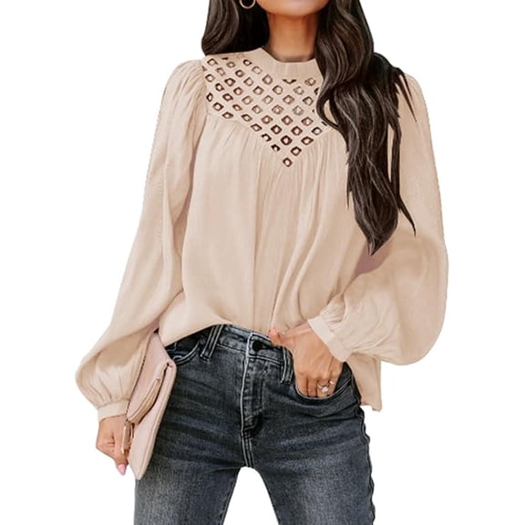 PRETTYGARDEN Women's Spring Tops Crewneck Eyelet Lace Crochet Casual Long Sleeve T Shirts Loose Chiffon Solid Blouses