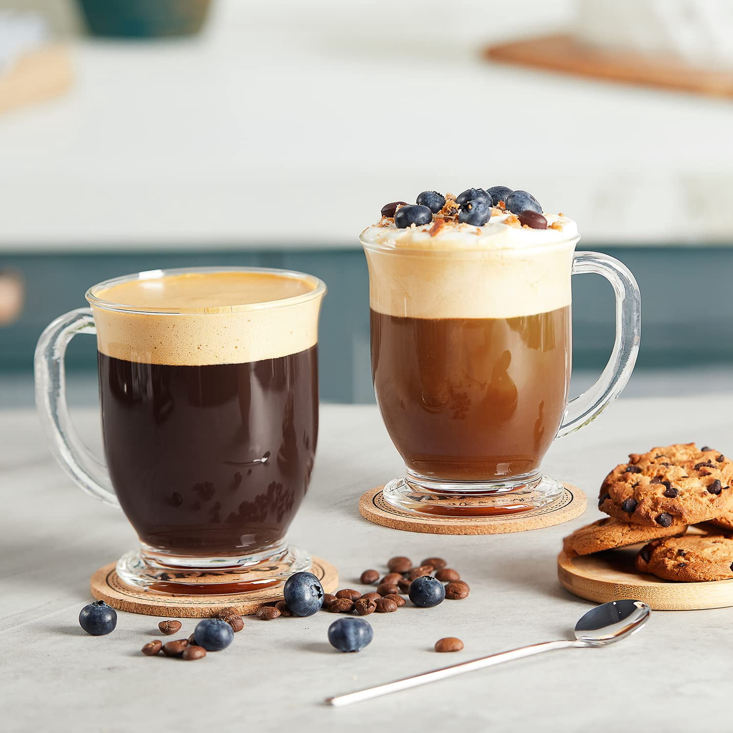 Glass Coffee Mugs Set of 6, Clear Large 15 Oz Cups with Handles for Hot Beverages, Tea, Cappuccino, Latte, Espresso, Juice