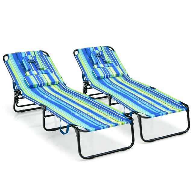 Patiojoy 2 Pcs Chaise Longue de Plage Réglable Chaise de Bronzage Face vers le Bas avec Trou pour le Visage et Oreiller Amovible 5 Positions Réglables Bleu et Vert