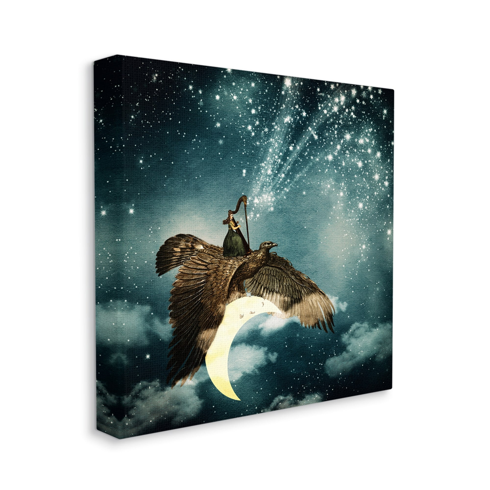 Stupell Industries Dreamy Surreal Bird Flying Moon Harp Galaxy Stars Canvas Wall Art, 17 x 17, Design by Paula Belle Flores