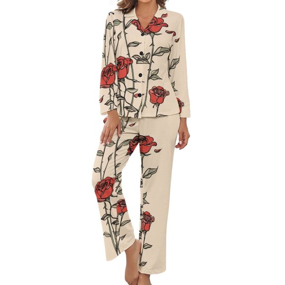 Rose Pattern Women's Long Sleeve Flannel Pajama Set Sleepwear XL