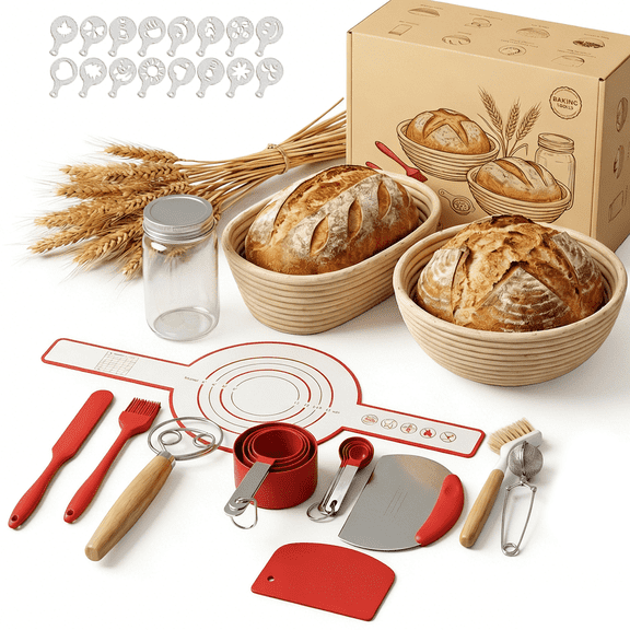 NULAS 52-Piece Sourdough Starter Kit , Oval Banneton Proofing Baskets, Bread Baking Supplies Set including Sourdough Jar, Perfect Baking Gifts for Beginners & Home Bakers