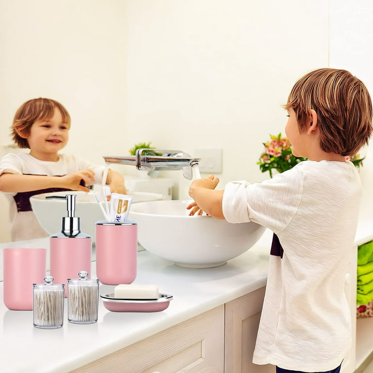 iMucci Pink 8pcs Bathroom Accessories Set - with Trash Can Toothbrush  Holder Soap Dispenser Soap and Lotion Set Tumbler : : Home