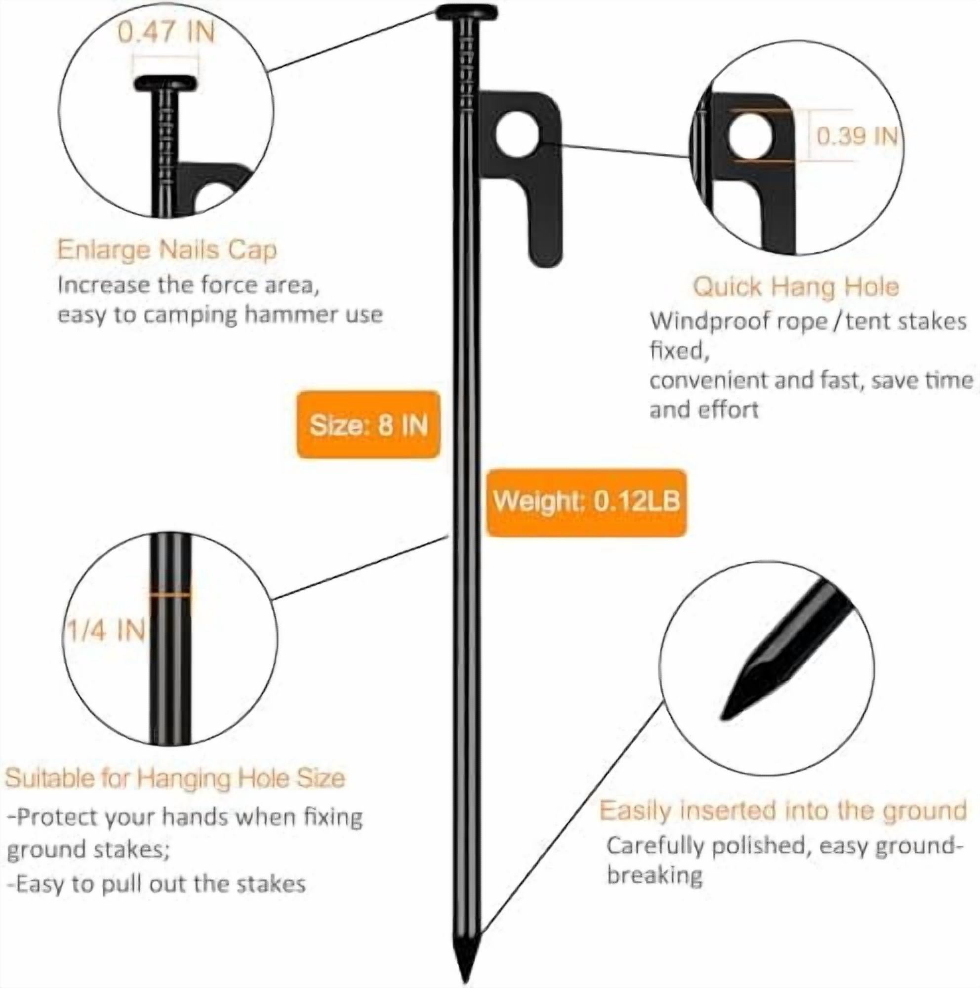 YNGLLC Tent Stakes Heavy Duty 8 inch Metal Tent Pegs for Camping Steel Tent Stakes Inflexible and Unbreakable-24 PCS