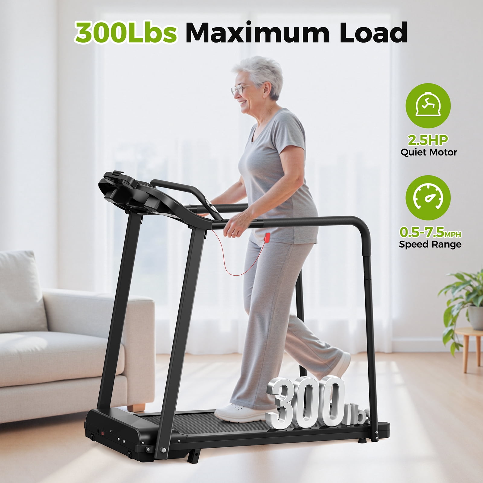 Walking Pad Treadmill for Senior, Foldable Exercise Treadmill with Stable and Safe Structural Design, Large LED Display for Elderly, Long Handrail for Balance, 300 Lbs Capacity