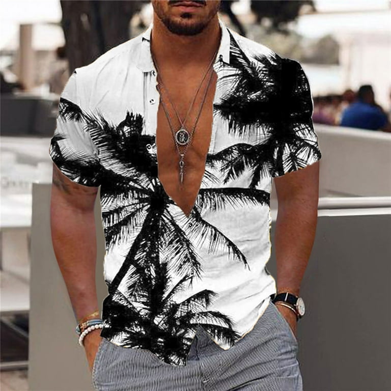VSSSJ Hawaiian Printed Shirt for Men Tropical Palm Tree Graphic Tee Button  Down Short Sleeve Lapel Shirts Casual Summer Beach Loose Fit White02 XXXL
