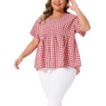 thumbnail image 4 of Agnes Orinda Women's Plus Size Gingham Tops Plaid Peplum Button Decor V Neck Short Sleeve Casual Babydoll Blouse 1X Red, 4 of 6