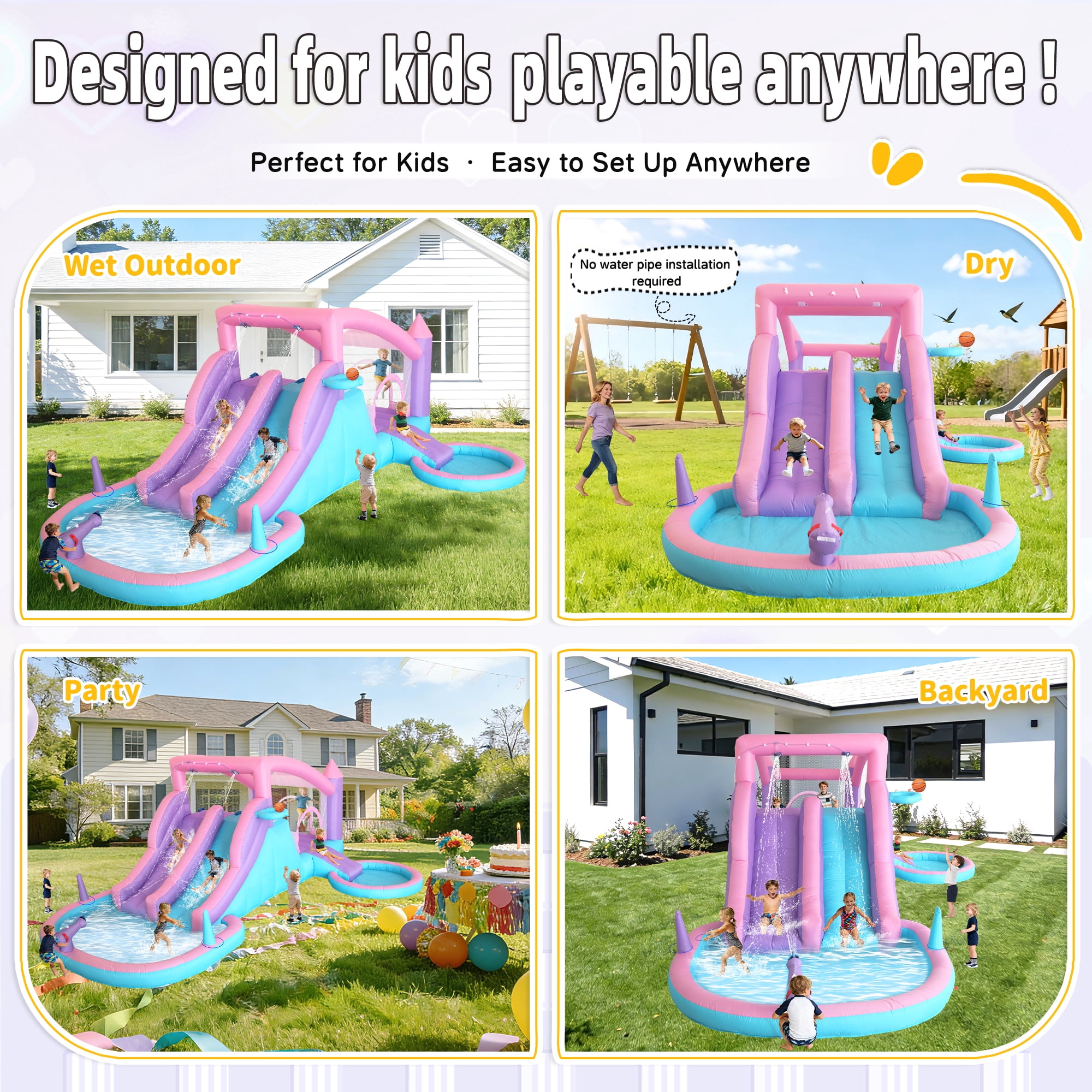 Anypool Inflatable Water Slide Bounce House 9-in-1 Backyard Water Park Double Racing Slides Splash Pool Ages 3-8