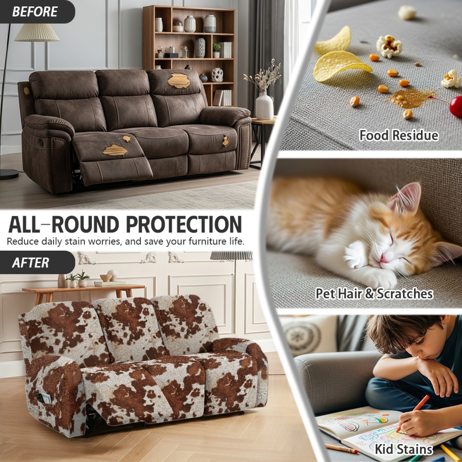 COEQINE Brown Cow Print Recliner Sofa Cover Polyester 3 Seater Reclining Chair Protector 8 Pieces Stretch Recliner Chair Cover Dog Couch Slipcover for Living Room Home Decor