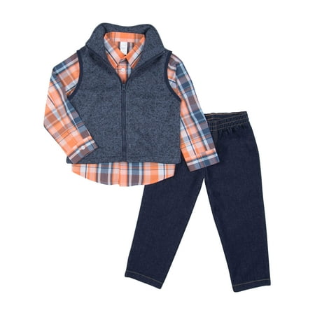 Toddler Boy Polar Fleece Vest, Woven Button-up Shirt & Jeans 3pc Outfit Set
