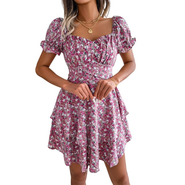 Vestido Estampado Vestido estampado de mujer con cordones Mini vestido de playa Vestido de cintura para arriba (Rosa XL) Ygjytge para Mujer Rosa T 3EG