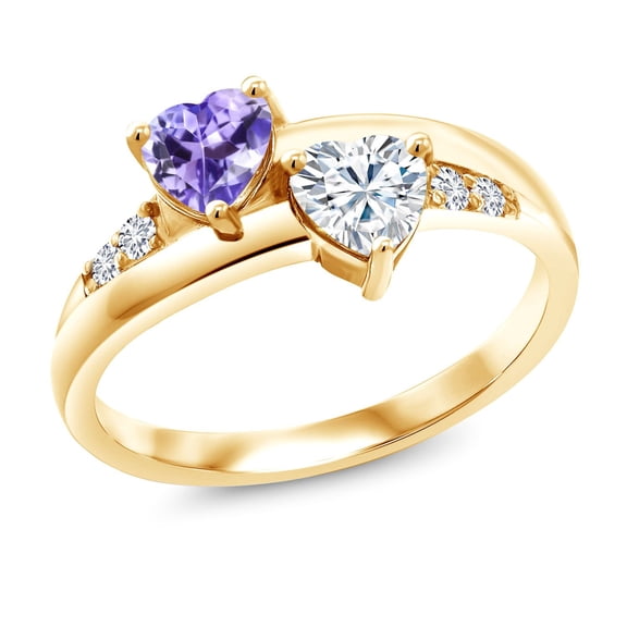 Gem Stone King 18K Yellow Gold Plated Silver Lab Grown Diamond Ring Tanzanite and Moissanite (1.08 Cttw, Size 7)