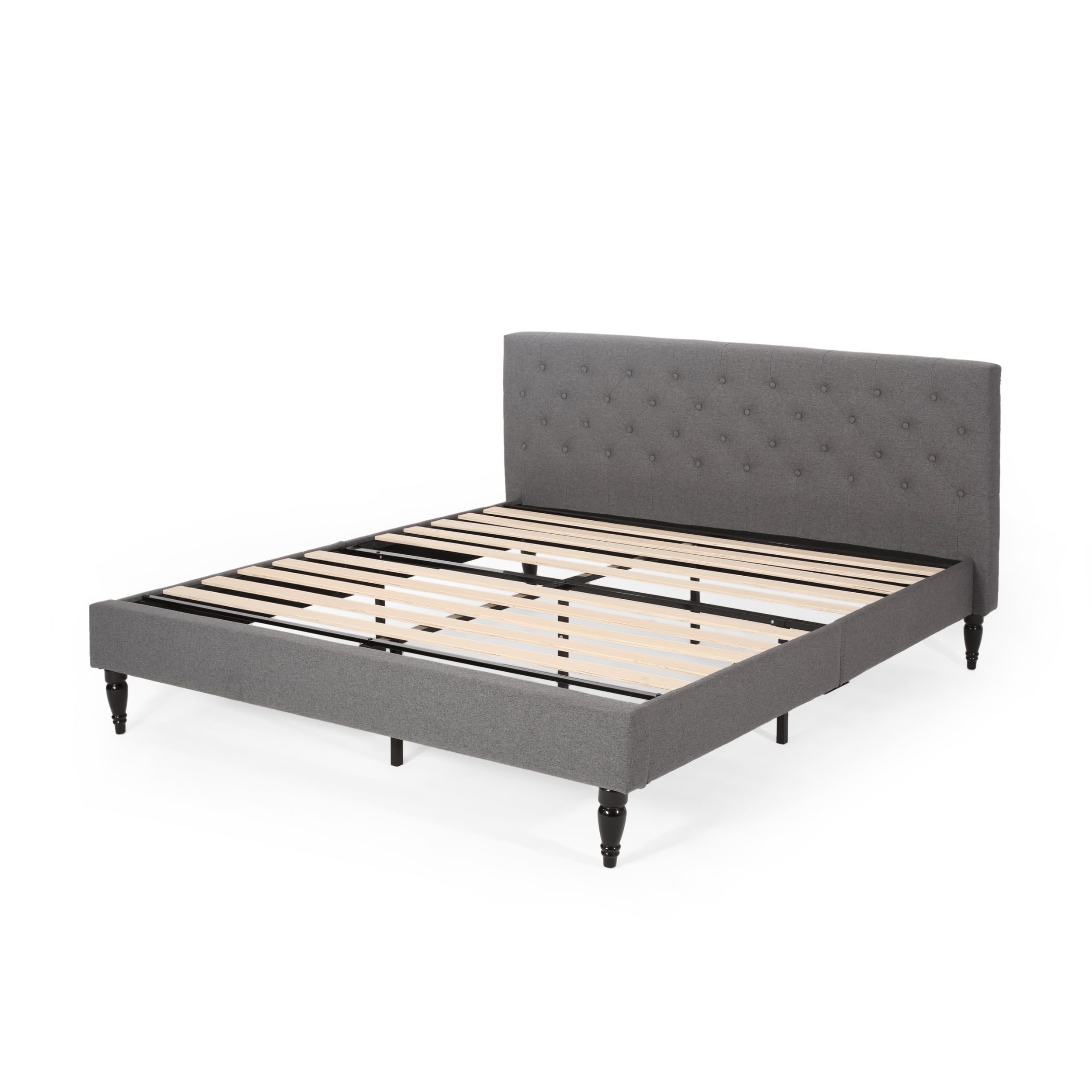 Noble House Kwan Contemporary Fully-Upholstered King Fabric Low-Profile Platform Bed Frame, Charcoal Gray, Black