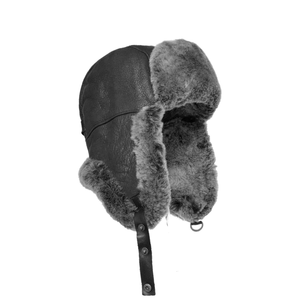Leather Aviator Russian Ushanka Trapper Shearling Sheepskin Fur Ear Flap Waterproof Winter Hat (US, Alpha, Large, Black/Gray)