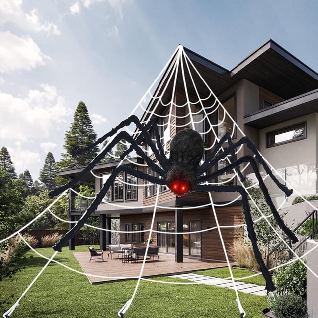 Araña de Halloween, araña gigante de 200 cm, decoración de Halloween para exteriores con telaraña triangular de 7 m, telaraña expandible de 20 g, 10 arañas de plástico, decoración de terror