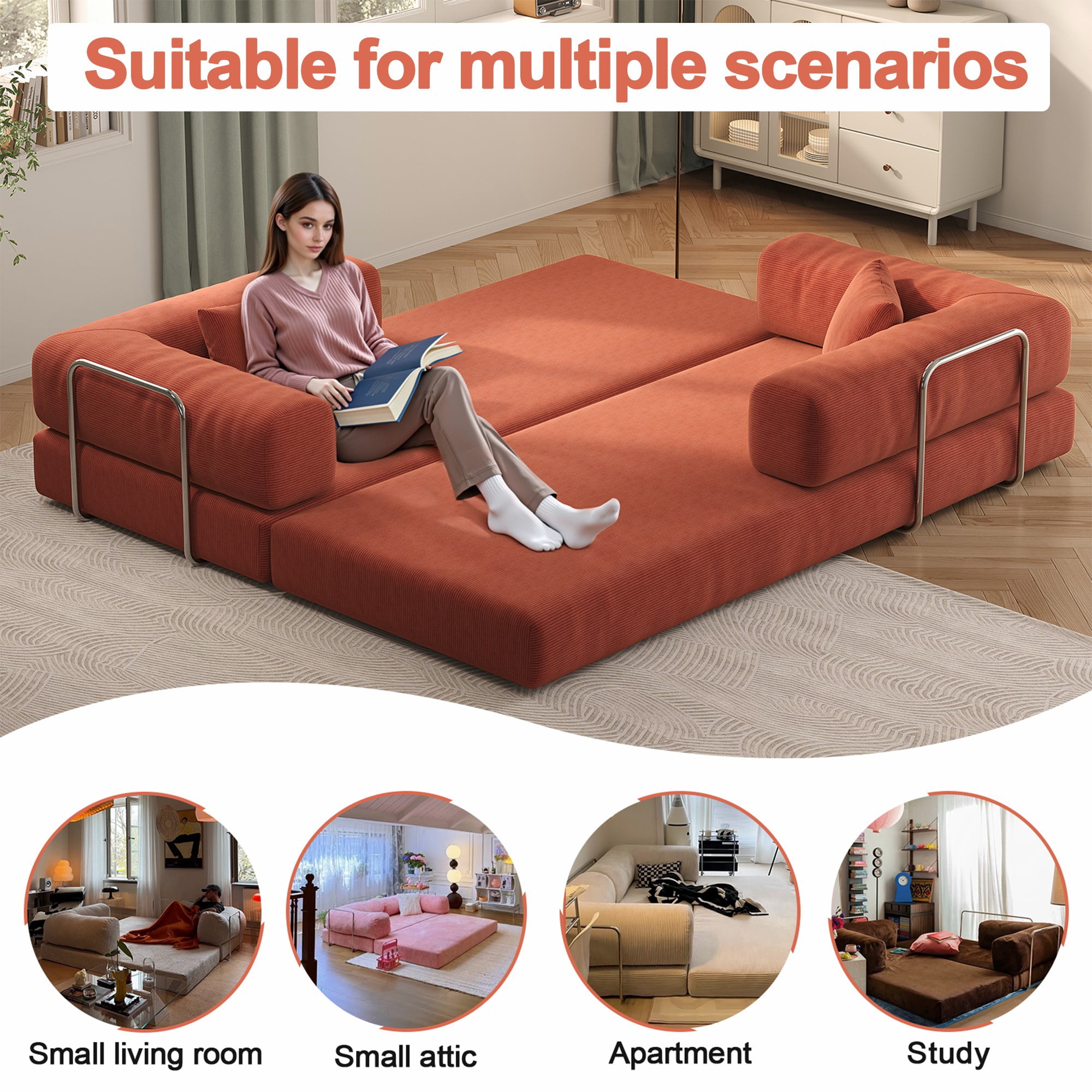 79" Convertible Sofa Bed CARZZI LIFE Compressed Floor Boneless Couch Modular Corduroy Sleeper Sofa, Folding Mattress Couch for Small Spaces - No Assembly Needed in Orange (Includes 2 Pillows)