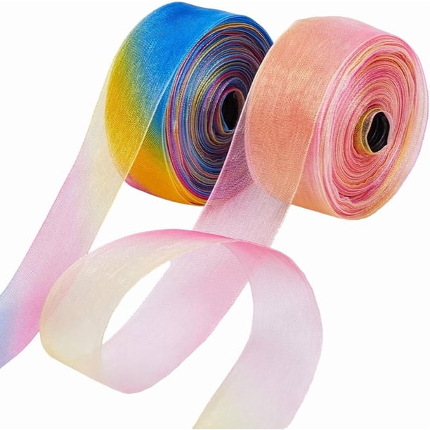 Cinta de organza arcoíris de 50 yardas con ribete de color transparente, gasa rizada iridiscente, grogrén de poliéster, cintas bordadas brillantes