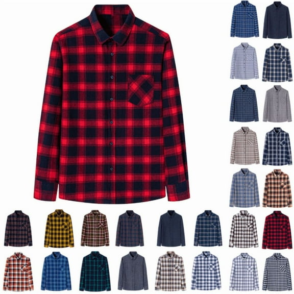 Jinhomg Big And Tall Men's Long Sleeves Button-Up Shirt Wrinkle Free Plaid Shirts Casual Cotton Shirt with Pocket Watermelon Red,S