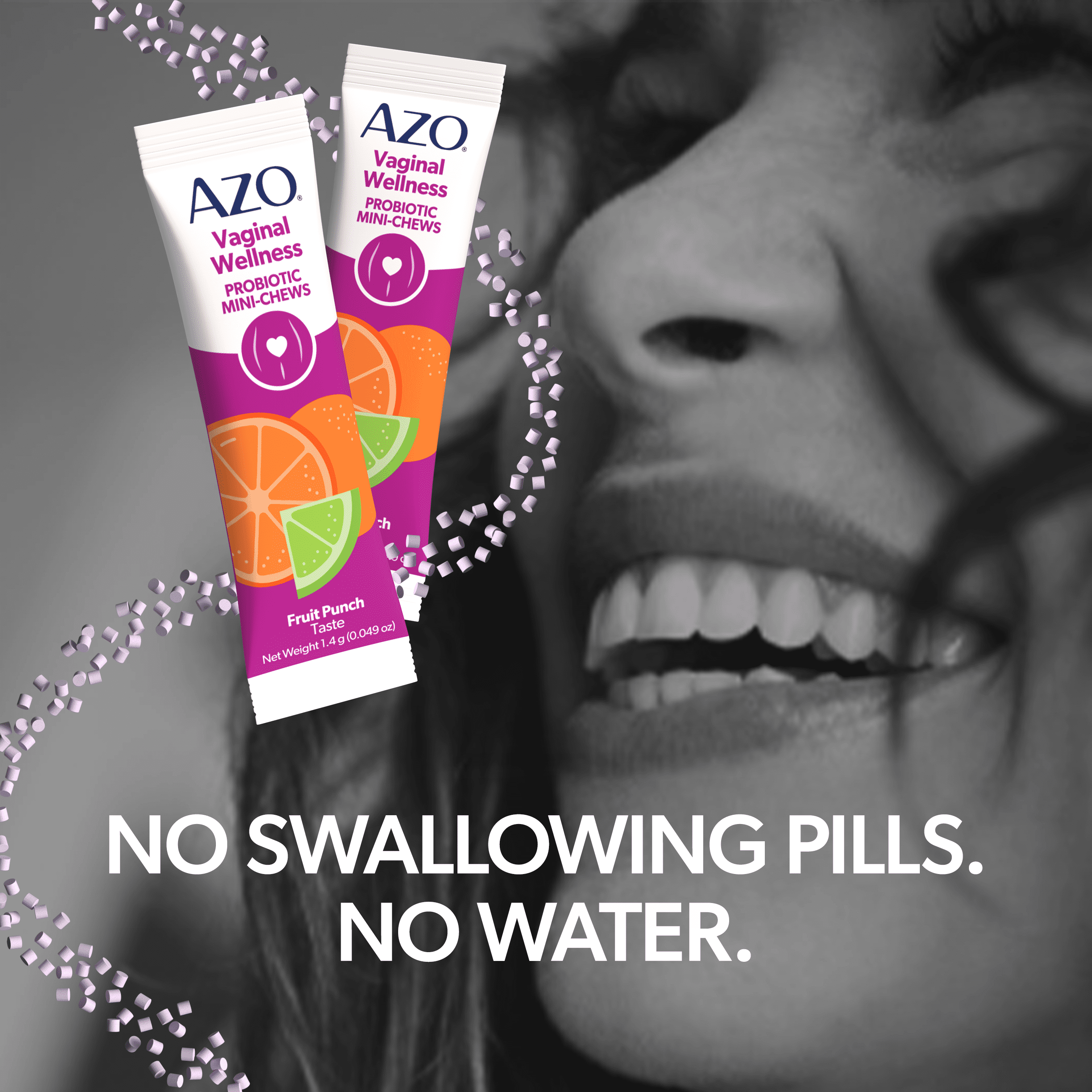 AZO Vaginal Health Probiotic Mini-Chews Daily Supplement, Supports Vaginal Health & Flora, Fruit Punch Flavor, 14 Packets