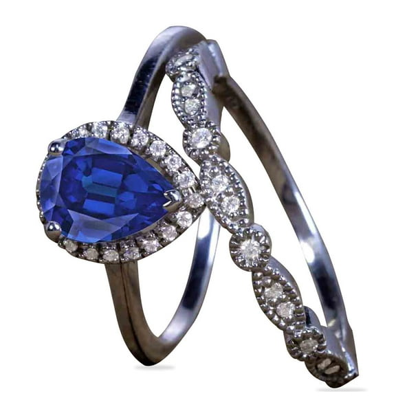 JeenMata 1.5 ct - Pear Shaped Lab Created Blue Sapphire - Halo Engagement Ring - Vintage - Wedding Ring Set - 18K Black Gold over Silver